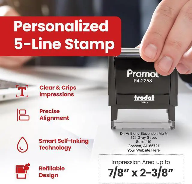 Alt view image 2 of 7 - Self Inking Stamp- Up to 5-Line Personalized Rubber Stamp (Large) | Consistent Impressions, Thousands of Clear Stampings, One-Hand Operation, Built-In Self-Inking Mechanism, Replaceable Ink Pad