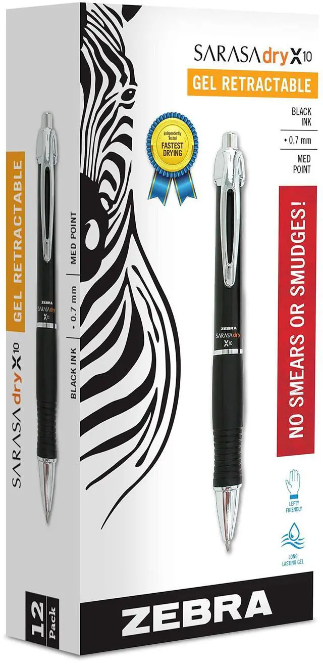 Main image of SARASA X10 Retractable Gel Pen, Black Ink, 0.7mm, 12-Pack | Rapid-Dry Ink, Smooth, Smear-Resistant, Wide Barrel, Ideal for Left-Handed Writers, Note-Taking, Medium Point Tip (42610)