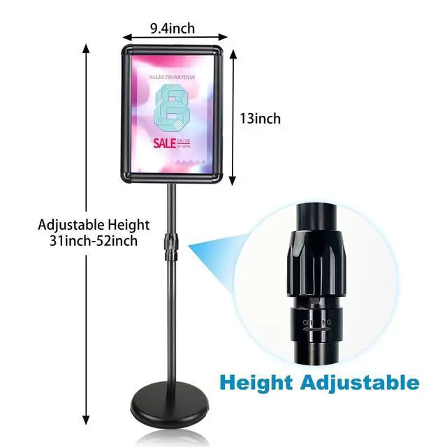 Alt view image 2 of 7 - Sign Holder Stand, 8.5x11 Sign Stand for Display, 4-Pack, Black | Sturdy Construction, Adjustable 31"-52",Heavy-duty frame, 360° Rotation, Rounded Corners, 8.5x11 Snap Frame