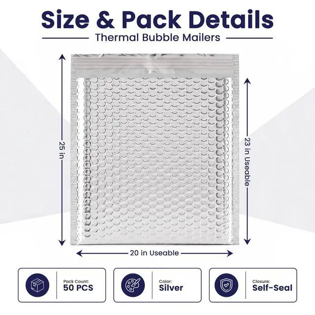 Alt view image 2 of 7 - Waterproof Self-Seal Insulated Foil Thermal Bubble Mailers 20x23, 50-Pack | Ideal for meal kits, frozen goods & bulk perishables. Tear-resistant metallic lining protects temperature-sensitive items