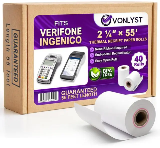 Main image of Verifone & Ingenico Thermal Paper Rolls 2 1/4" x 55' (40 Pack) BPA Free Receipt Paper for VX520 VX680 T650 V400m ICT220 ICT250 Desk 3500 Move 5000 Credit Card Machine