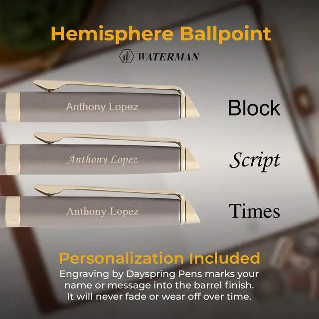 Alt view image 3 of 6 - Waterman Hemisphere Personalized Ballpoint Pen in Metallic Grey, Gold Trim | Engraved Pen for Executives, Retirement, Board Members, Career Advancement, Waterman Gift Box Included