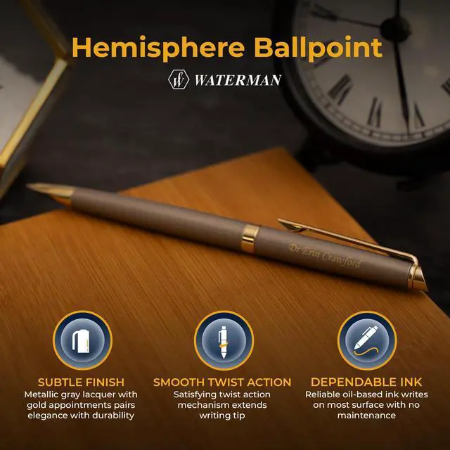 Alt view image 4 of 6 - Waterman Hemisphere Personalized Ballpoint Pen in Metallic Grey, Gold Trim | Engraved Pen for Executives, Retirement, Board Members, Career Advancement, Waterman Gift Box Included