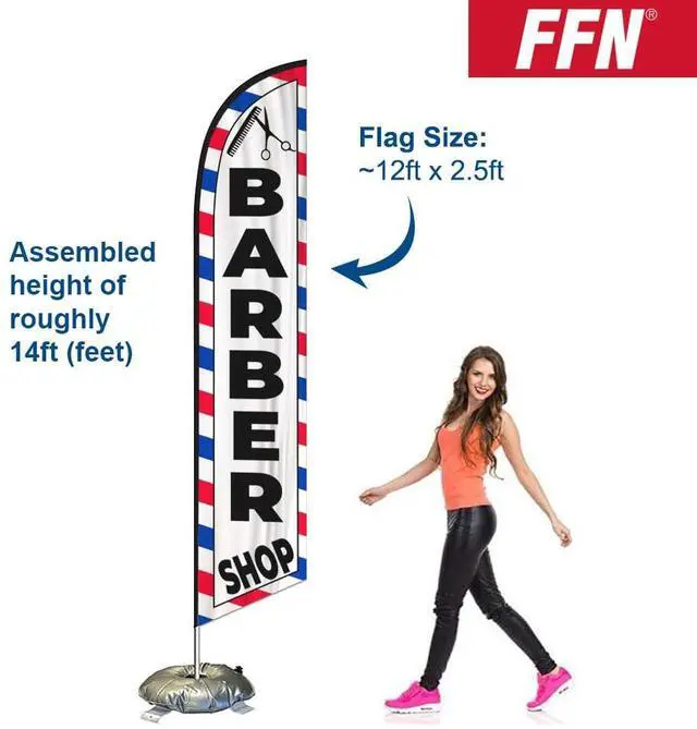 Alt view image 6 of 7 - Barber Shop Feather Swooper Flag with 15' FT pole kit Cross-base and Weight-Donut, Perfect for Hair Saloon Advertising Banner Sign