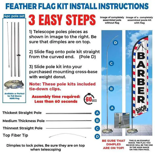 Alt view image 5 of 7 - Barber Shop Feather Swooper Flag with 15' FT pole kit Cross-base and Weight-Donut, Perfect for Hair Saloon Advertising Banner Sign