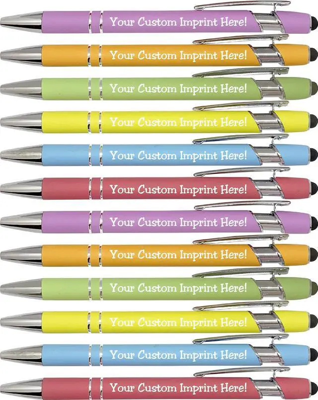 Main image of ExpressDesigns - Pastel Premium Custom Pens with Stylus | Personalized Soft-Touch Metal Printed Name Pens w/Black Ink - Imprinted w/Logo or Message - 12 pcs/pack (Assorted)