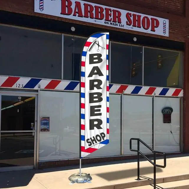 Alt view image 2 of 7 - Barber Shop Feather Swooper Flag with 15' FT pole kit Cross-base and Weight-Donut, Perfect for Hair Saloon Advertising Banner Sign