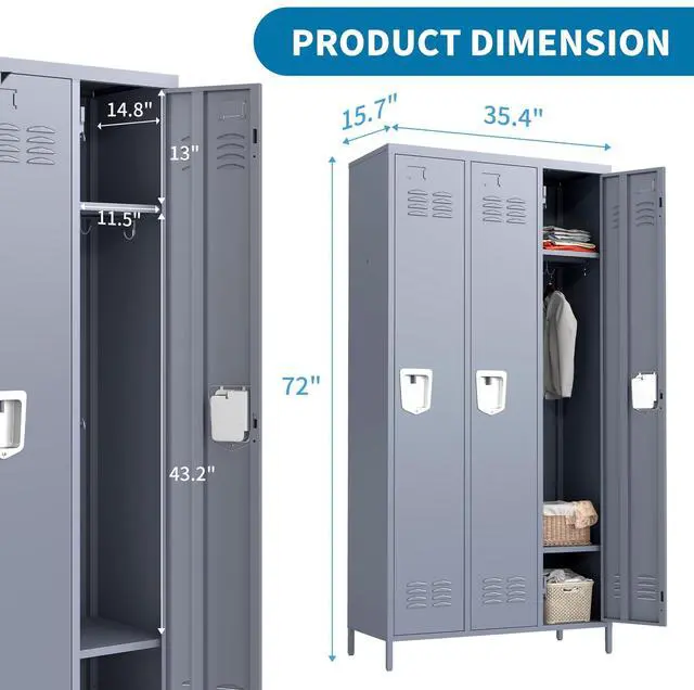 Alt view image 3 of 6 - 3 Doors Metal Lockers for Employees 71" H Storage Cabinet Lockable Locker with Shelves Steel Storage Locker for Gym School Office Home Requires Assembly