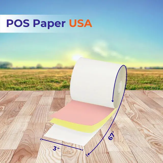 Alt view image 3 of 3 - 3" x 67' 3-Ply Carbonless Paper (50 Rolls/Case) - White/Yellow/Pink - BPA Free