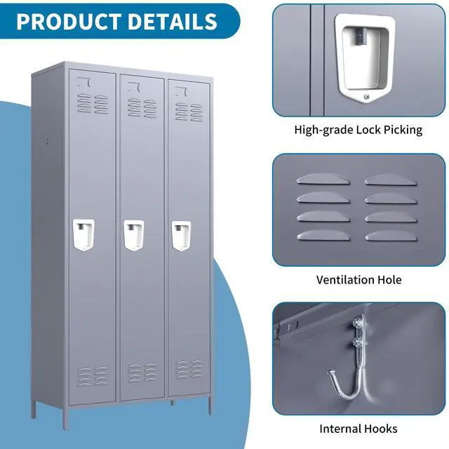 Alt view image 4 of 6 - 3 Doors Metal Lockers for Employees 71" H Storage Cabinet Lockable Locker with Shelves Steel Storage Locker for Gym School Office Home Requires Assembly