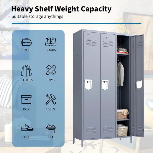 Alt view image 5 of 6 - 3 Doors Metal Lockers for Employees 71" H Storage Cabinet Lockable Locker with Shelves Steel Storage Locker for Gym School Office Home Requires Assembly