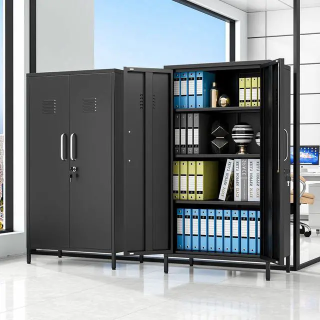Alt view image 2 of 7 - 47.24" Black Lockable Small Metal Storage Locker | Employees Locker with 2 Doors & 2 Adjustable Shelves, Steel File Cabinet for Employees, Home, School, Office & Gym