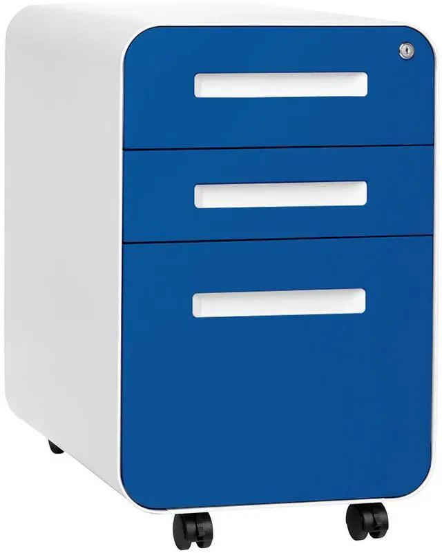 Main image of Stockpile 3 Drawer File Cabinet with Lock - Under Office Desk Metal Filing Cabinet, Legal/Letter File Folders, Wheels and Stationary Feet, Pre-Assembled, Blue Faceplate