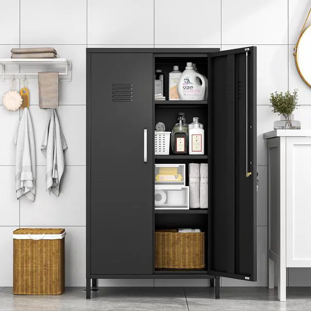 Alt view image 7 of 7 - 47.24" Black Lockable Small Metal Storage Locker | Employees Locker with 2 Doors & 2 Adjustable Shelves, Steel File Cabinet for Employees, Home, School, Office & Gym