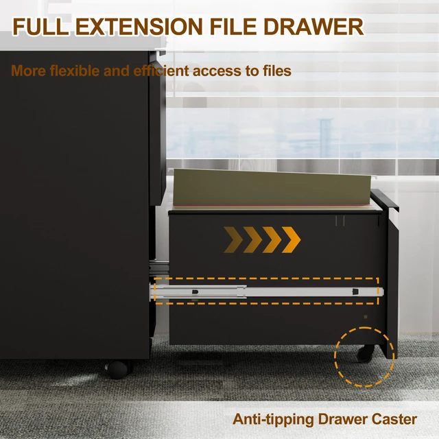 Alt view image 5 of 7 - 2 Drawer Metal Mobile File Cabinet with Lock and 4 Keys | Pre-Assembled Under Office Filing Cabinet for Home Office with Anti-tilt Wheels, A4/Legal/Letter Hanging File Drawers