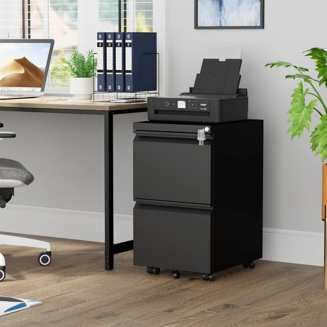 Alt view image 2 of 7 - 2 Drawer Metal Mobile File Cabinet with Lock and 4 Keys | Pre-Assembled Under Office Filing Cabinet for Home Office with Anti-tilt Wheels, A4/Legal/Letter Hanging File Drawers