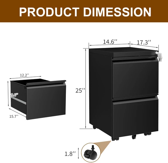 Alt view image 3 of 7 - 2 Drawer Metal Mobile File Cabinet with Lock and 4 Keys | Pre-Assembled Under Office Filing Cabinet for Home Office with Anti-tilt Wheels, A4/Legal/Letter Hanging File Drawers