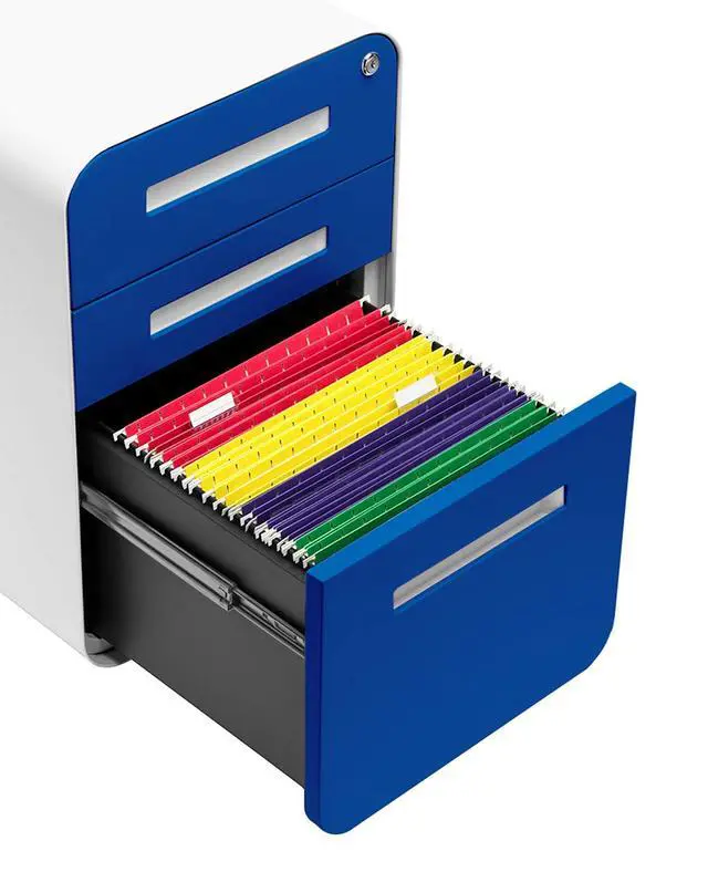 Alt view image 6 of 7 - Stockpile 3 Drawer File Cabinet with Lock - Under Office Desk Metal Filing Cabinet, Legal/Letter File Folders, Wheels and Stationary Feet, Pre-Assembled, Blue Faceplate