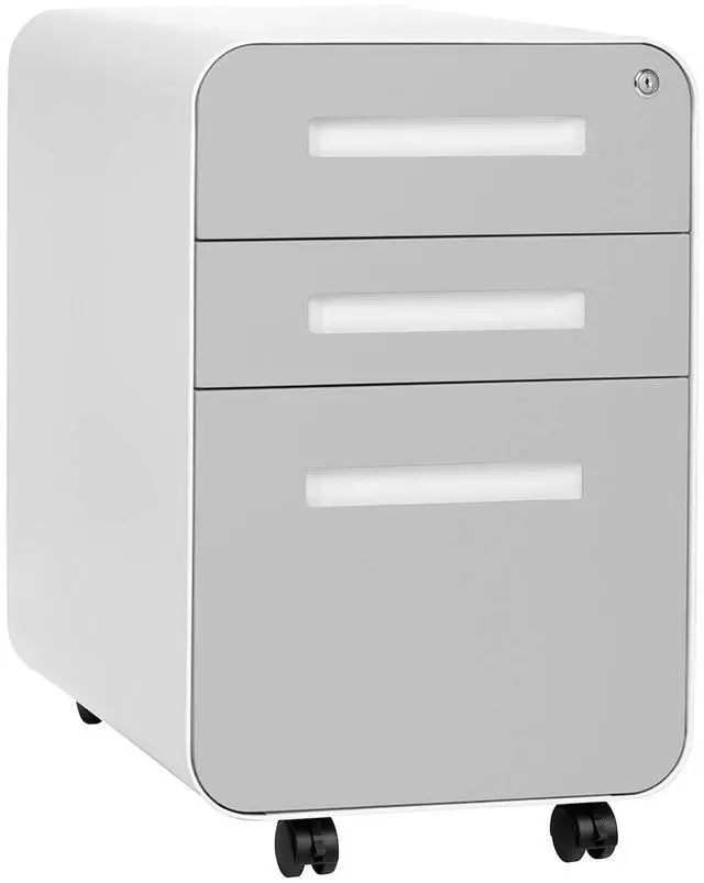 Main image of Stockpile 3 Drawer File Cabinet with Lock - Under Office Desk Metal Filing Cabinet, Legal/Letter File Folders, Wheels and Stationary Feet, Pre-Assembled, Light Grey Faceplate