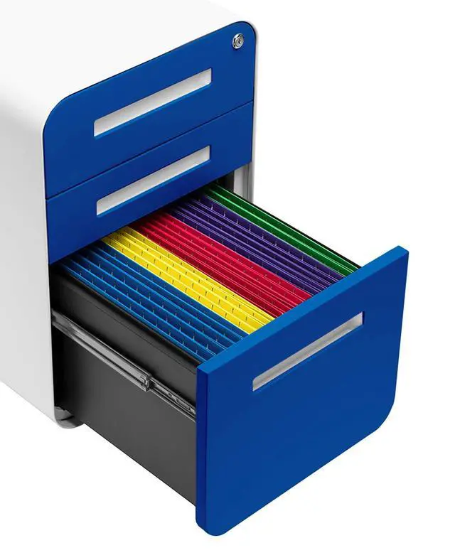 Alt view image 7 of 7 - Stockpile 3 Drawer File Cabinet with Lock - Under Office Desk Metal Filing Cabinet, Legal/Letter File Folders, Wheels and Stationary Feet, Pre-Assembled, Blue Faceplate
