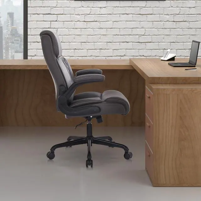 Alt view image 2 of 7 - Executive Office Chair, Leather Computer Desk Chair, Dark Brown | Ergonomic, PU, Lumbar Support, 400 LBS Capacity, Flip-up Armrests and Adjustable Height, for Home Office