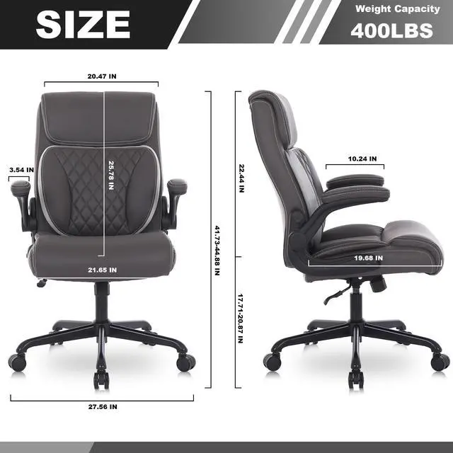 Alt view image 3 of 7 - Executive Office Chair, Leather Computer Desk Chair, Dark Brown | Ergonomic, PU, Lumbar Support, 400 LBS Capacity, Flip-up Armrests and Adjustable Height, for Home Office