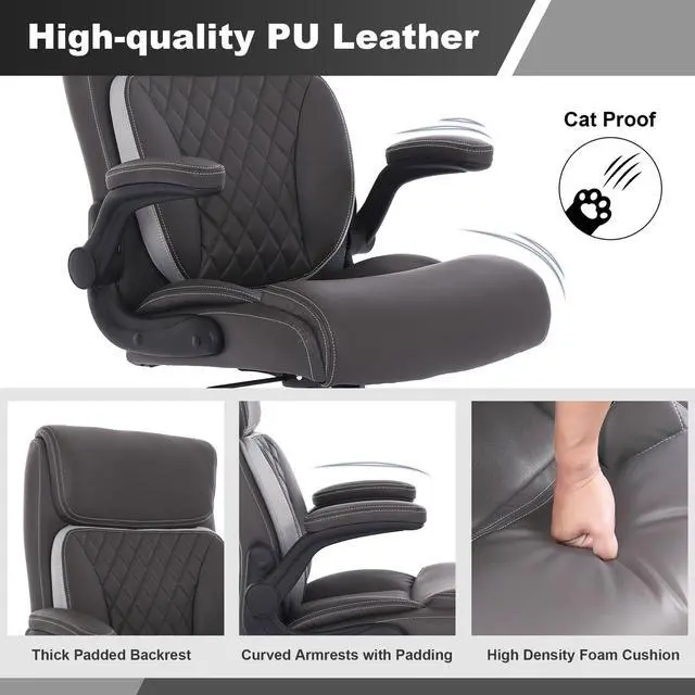 Alt view image 4 of 7 - Executive Office Chair, Leather Computer Desk Chair, Dark Brown | Ergonomic, PU, Lumbar Support, 400 LBS Capacity, Flip-up Armrests and Adjustable Height, for Home Office