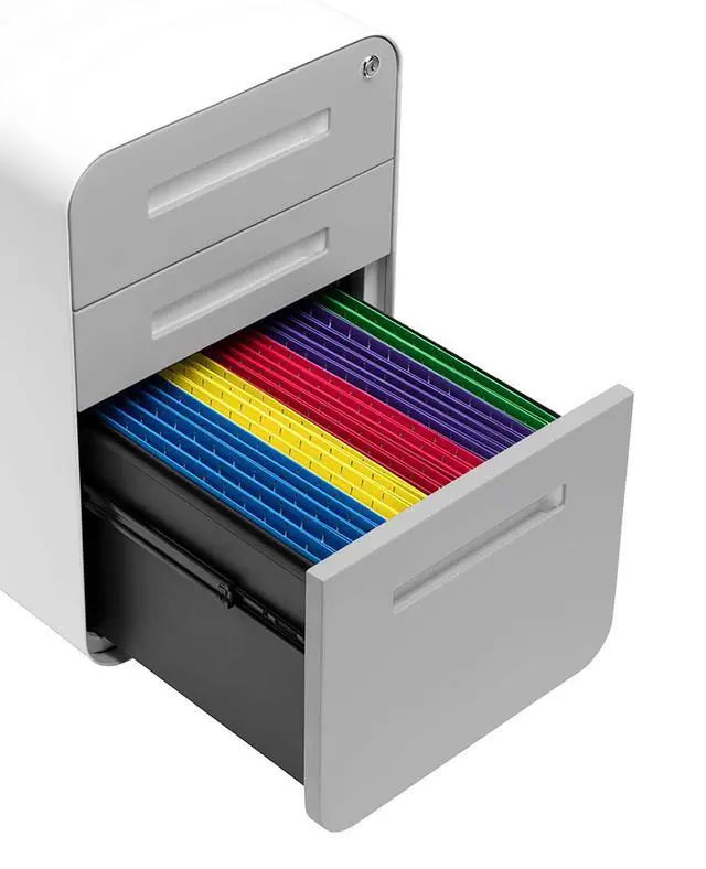 Alt view image 7 of 7 - Stockpile 3 Drawer File Cabinet with Lock - Under Office Desk Metal Filing Cabinet, Legal/Letter File Folders, Wheels and Stationary Feet, Pre-Assembled, Light Grey Faceplate