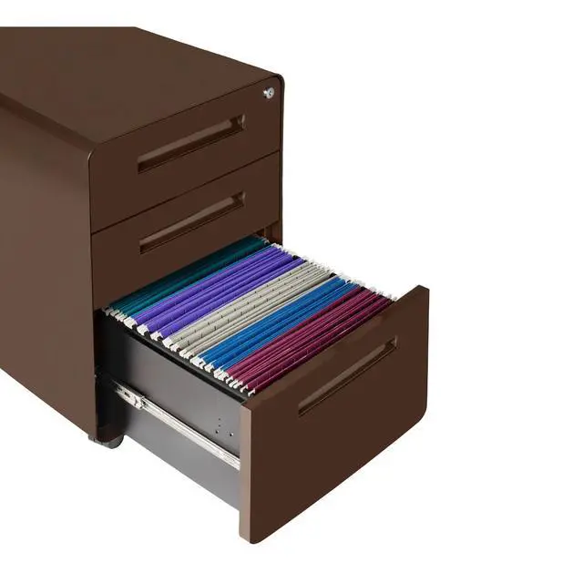 Alt view image 6 of 7 - Stockpile 3 Drawer File Cabinet with Lock - Under Office Desk Metal Filing Cabinet, Legal/Letter File Folders, Wheels and Stationary Feet, Pre-Assembled, Dark Brown