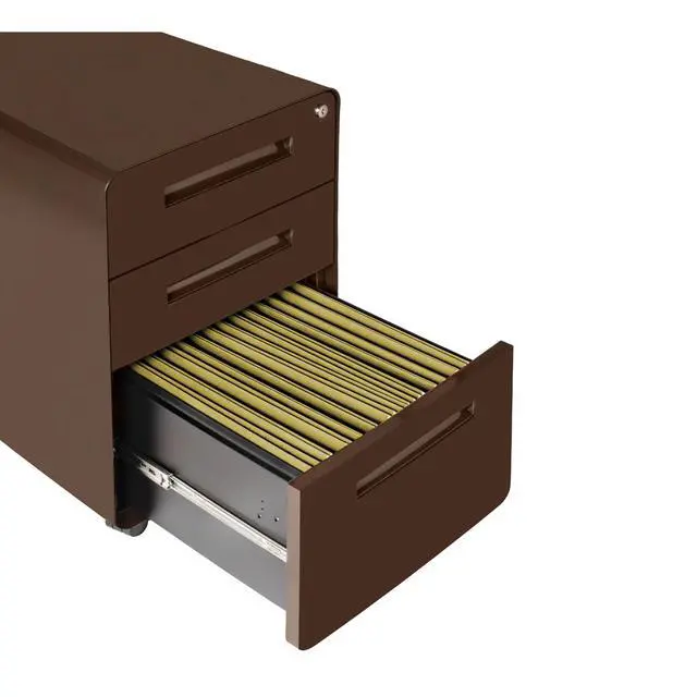 Alt view image 7 of 7 - Stockpile 3 Drawer File Cabinet with Lock - Under Office Desk Metal Filing Cabinet, Legal/Letter File Folders, Wheels and Stationary Feet, Pre-Assembled, Dark Brown