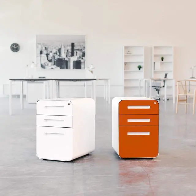 Alt view image 2 of 7 - Stockpile 3 Drawer File Cabinet with Lock - Under Office Desk Metal Filing Cabinet, Legal/Letter File Folders, Wheels and Stationary Feet, Pre-Assembled, Blue Faceplate