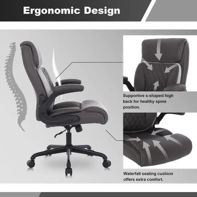 Alt view image 5 of 7 - Executive Office Chair, Leather Computer Desk Chair, Dark Brown | Ergonomic, PU, Lumbar Support, 400 LBS Capacity, Flip-up Armrests and Adjustable Height, for Home Office