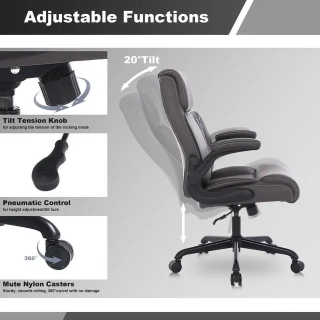 Alt view image 6 of 7 - Executive Office Chair, Leather Computer Desk Chair, Dark Brown | Ergonomic, PU, Lumbar Support, 400 LBS Capacity, Flip-up Armrests and Adjustable Height, for Home Office