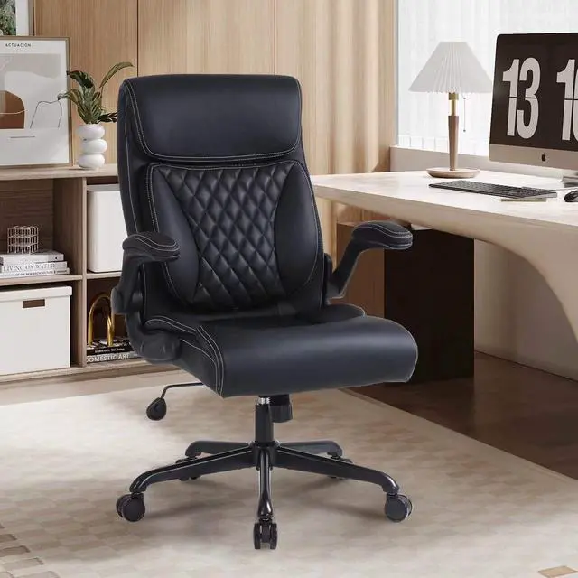 Alt view image 2 of 6 - Executive Office Chair, Leather Computer Desk Chair, Black | Ergonomic, PU, Lumbar Support, 400 LBS Capacity, Flip-up Armrests and Adjustable Height, for Home Office