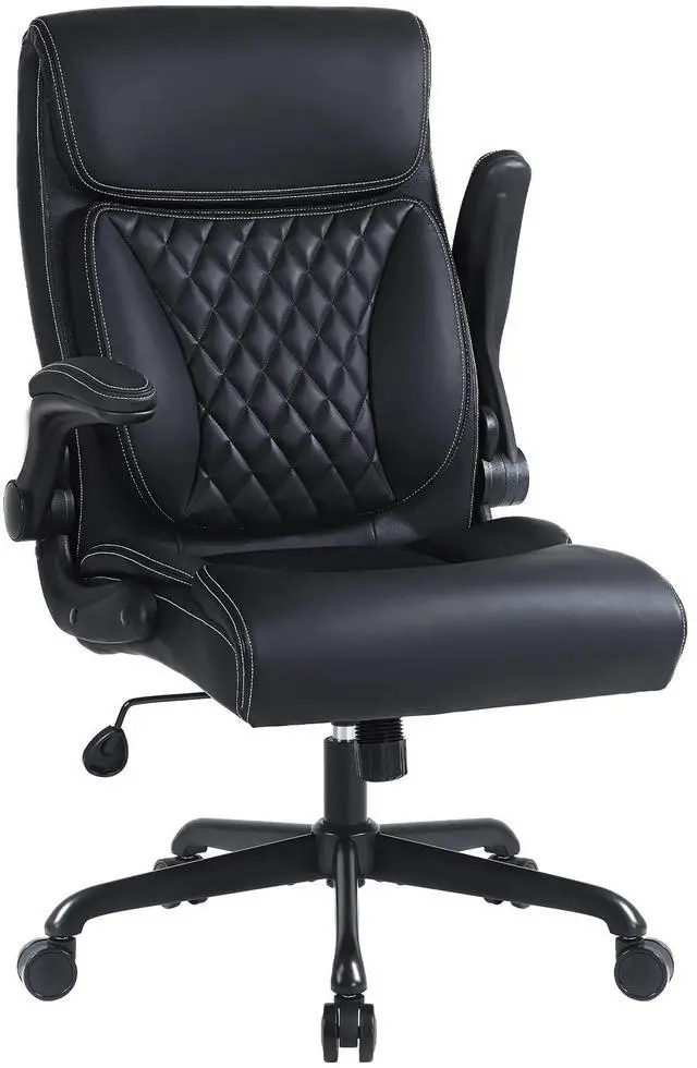 Main image of Executive Office Chair, Leather Computer Desk Chair, Black | Ergonomic, PU, Lumbar Support, 400 LBS Capacity, Flip-up Armrests and Adjustable Height, for Home Office