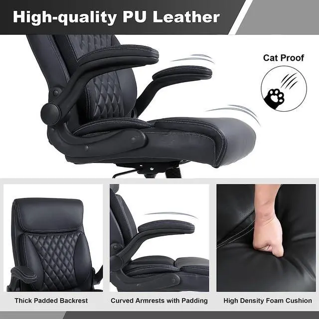Alt view image 4 of 6 - Executive Office Chair, Leather Computer Desk Chair, Black | Ergonomic, PU, Lumbar Support, 400 LBS Capacity, Flip-up Armrests and Adjustable Height, for Home Office