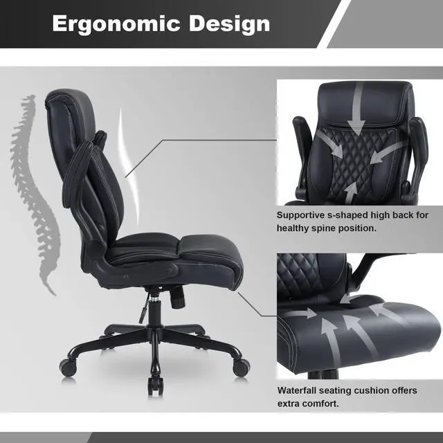Alt view image 5 of 6 - Executive Office Chair, Leather Computer Desk Chair, Black | Ergonomic, PU, Lumbar Support, 400 LBS Capacity, Flip-up Armrests and Adjustable Height, for Home Office