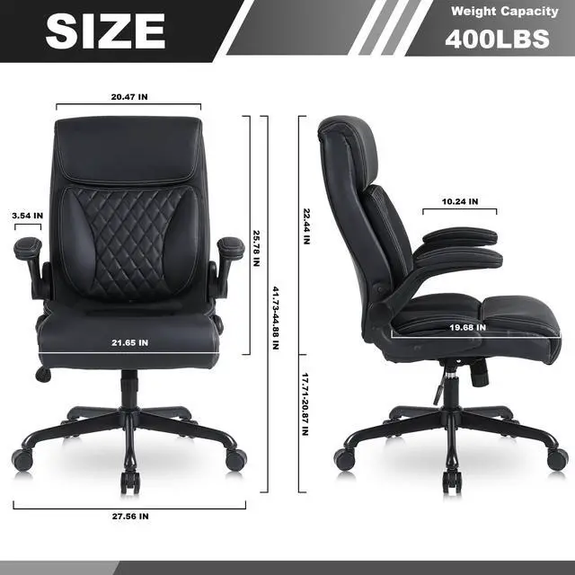 Alt view image 3 of 6 - Executive Office Chair, Leather Computer Desk Chair, Black | Ergonomic, PU, Lumbar Support, 400 LBS Capacity, Flip-up Armrests and Adjustable Height, for Home Office
