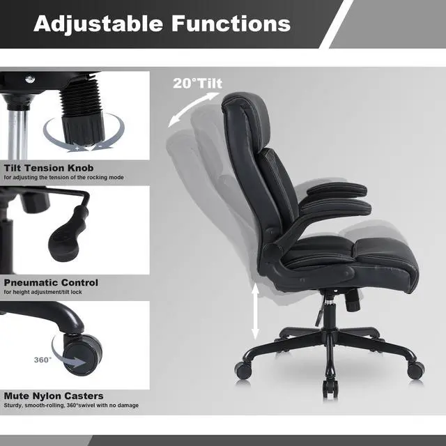 Alt view image 6 of 6 - Executive Office Chair, Leather Computer Desk Chair, Black | Ergonomic, PU, Lumbar Support, 400 LBS Capacity, Flip-up Armrests and Adjustable Height, for Home Office