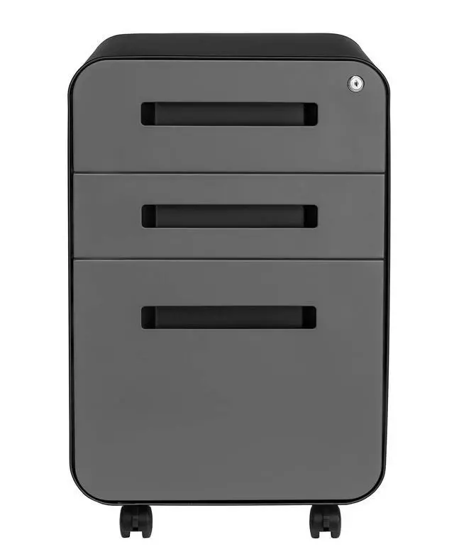 Alt view image 4 of 7 - Stockpile 3 Drawer File Cabinet with Lock - Under Office Desk Metal Filing Cabinet, Legal/Letter File Folders, Wheels and Stationary Feet, Pre-Assembled, Black/Grey