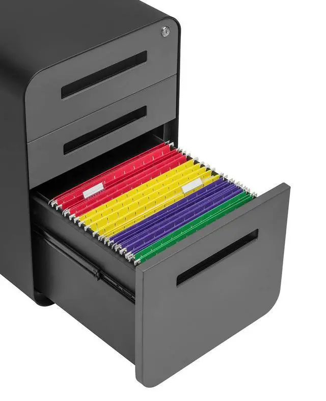 Alt view image 6 of 7 - Stockpile 3 Drawer File Cabinet with Lock - Under Office Desk Metal Filing Cabinet, Legal/Letter File Folders, Wheels and Stationary Feet, Pre-Assembled, Black/Grey