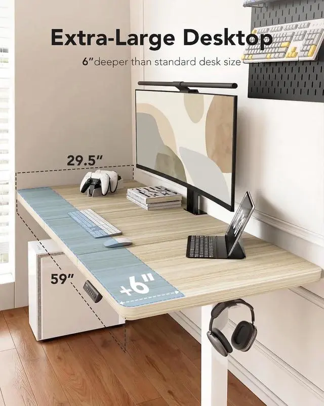 Alt view image 4 of 7 - 60 x 30 Inch Large Electric Standing Desk, Brushless Motor, Natural | 30 Inch Deep Desktop, 220 lb Capacity, 4 Memory Presets, Cable Tray, Dual Hooks, Height 27.946.5 Inch; Ships In 2 Packages