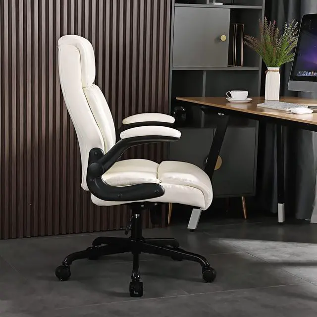 Alt view image 2 of 6 - Executive Office Chair, Leather Computer Desk Chair, Beige | Ergonomic, PU, Lumbar Support, 400 LBS Capacity, Flip-up Armrests and Adjustable Height, for Home Office