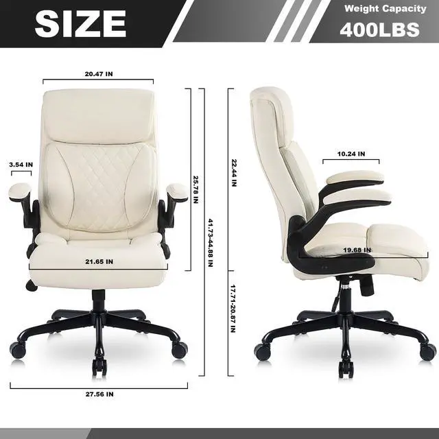 Alt view image 3 of 6 - Executive Office Chair, Leather Computer Desk Chair, Beige | Ergonomic, PU, Lumbar Support, 400 LBS Capacity, Flip-up Armrests and Adjustable Height, for Home Office