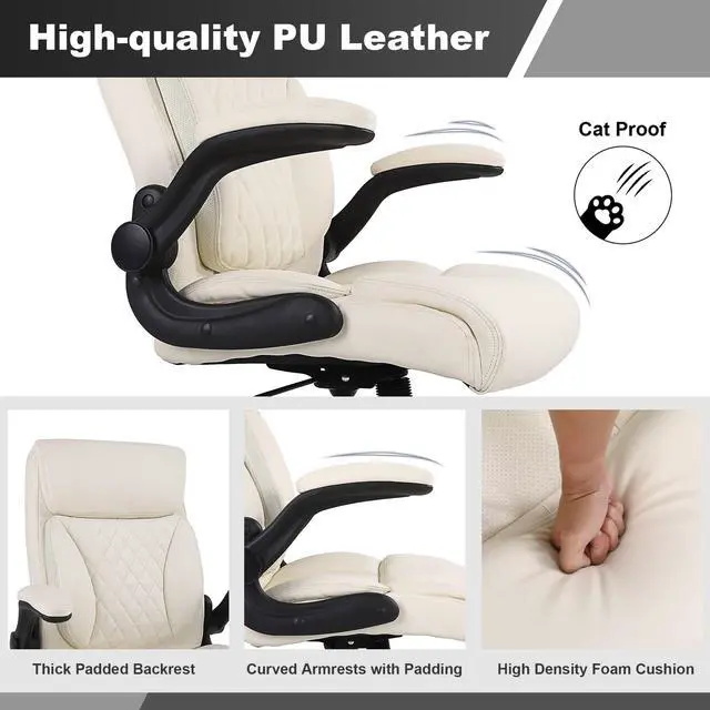 Alt view image 4 of 6 - Executive Office Chair, Leather Computer Desk Chair, Beige | Ergonomic, PU, Lumbar Support, 400 LBS Capacity, Flip-up Armrests and Adjustable Height, for Home Office