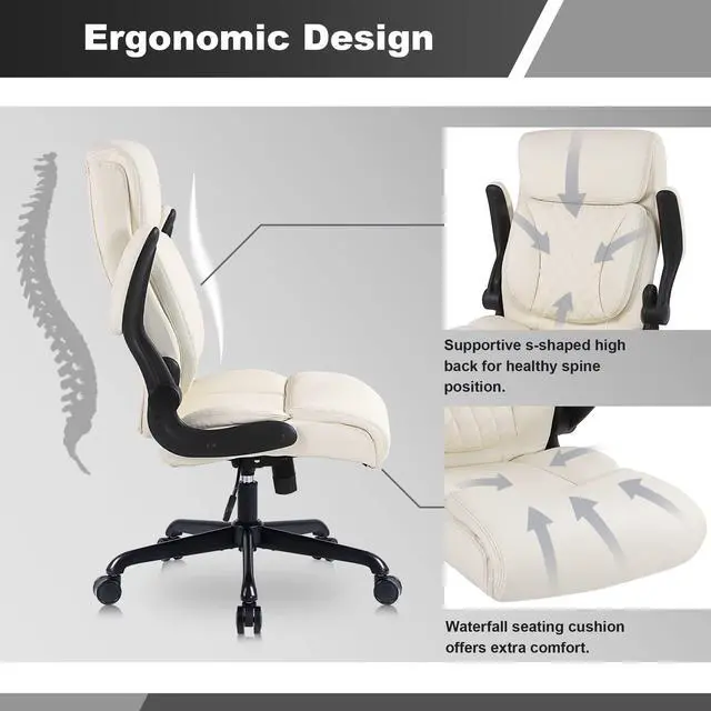 Alt view image 5 of 6 - Executive Office Chair, Leather Computer Desk Chair, Beige | Ergonomic, PU, Lumbar Support, 400 LBS Capacity, Flip-up Armrests and Adjustable Height, for Home Office