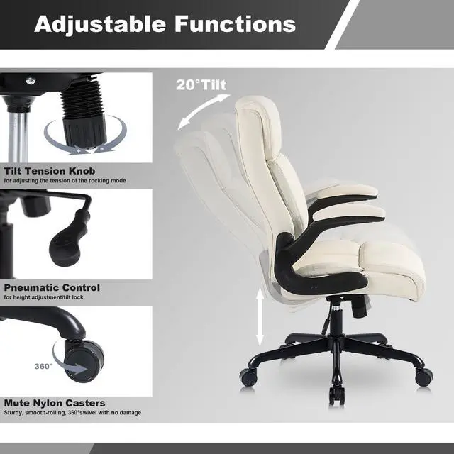 Alt view image 6 of 6 - Executive Office Chair, Leather Computer Desk Chair, Beige | Ergonomic, PU, Lumbar Support, 400 LBS Capacity, Flip-up Armrests and Adjustable Height, for Home Office