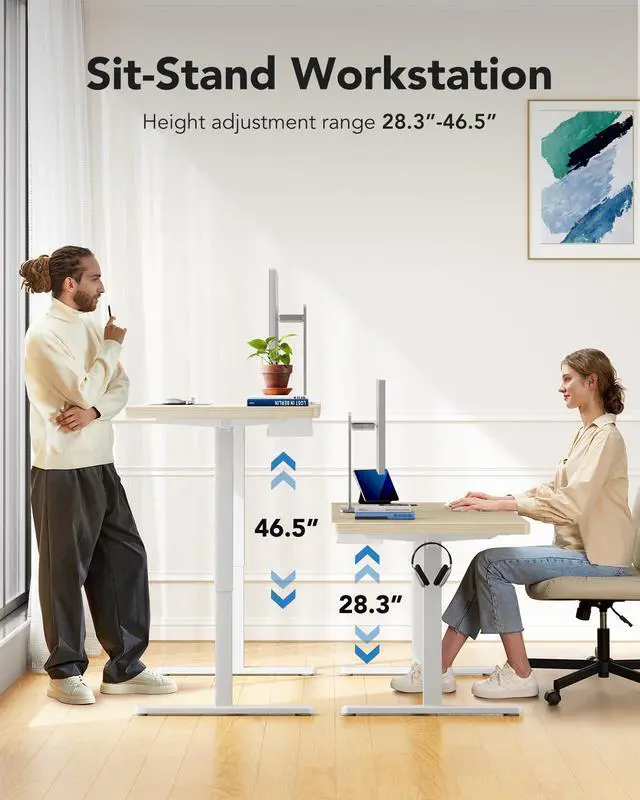 Alt view image 6 of 7 - 60 x 30 Inch Large Electric Standing Desk, Brushless Motor, Natural | 30 Inch Deep Desktop, 220 lb Capacity, 4 Memory Presets, Cable Tray, Dual Hooks, Height 27.946.5 Inch; Ships In 2 Packages