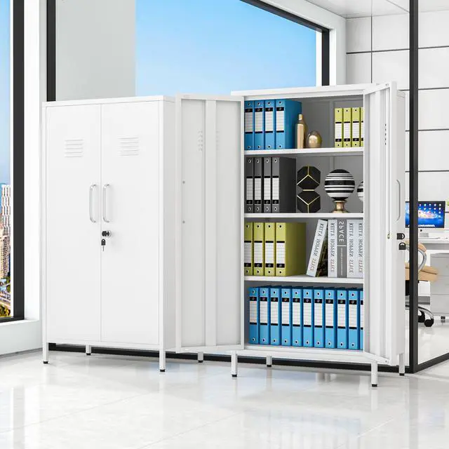 Alt view image 2 of 7 - 47.24" White Lockable Small Metal Storage Locker | 2 Doors & 2 Adjustable Shelves, Steel File Cabinet for Employees, Home, School, Office & Gym