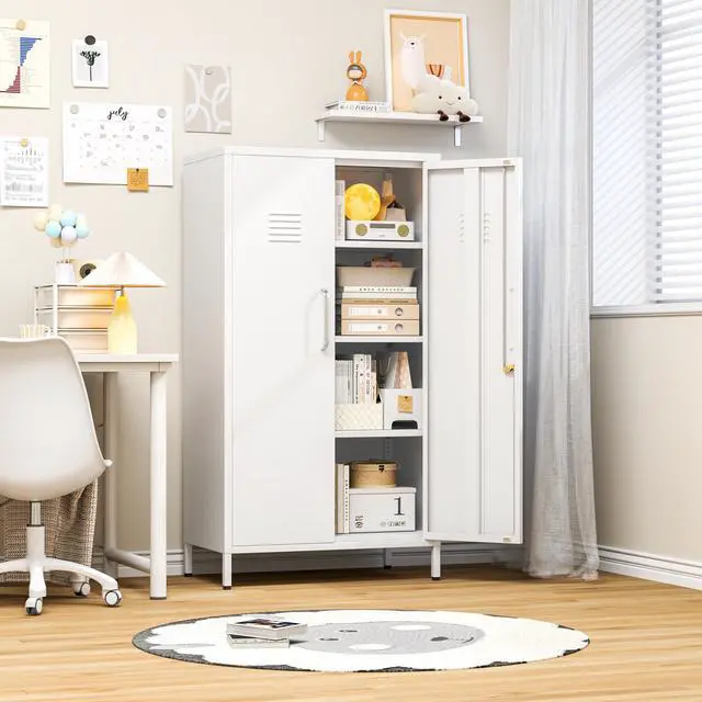 Alt view image 6 of 7 - 47.24" White Lockable Small Metal Storage Locker | 2 Doors & 2 Adjustable Shelves, Steel File Cabinet for Employees, Home, School, Office & Gym